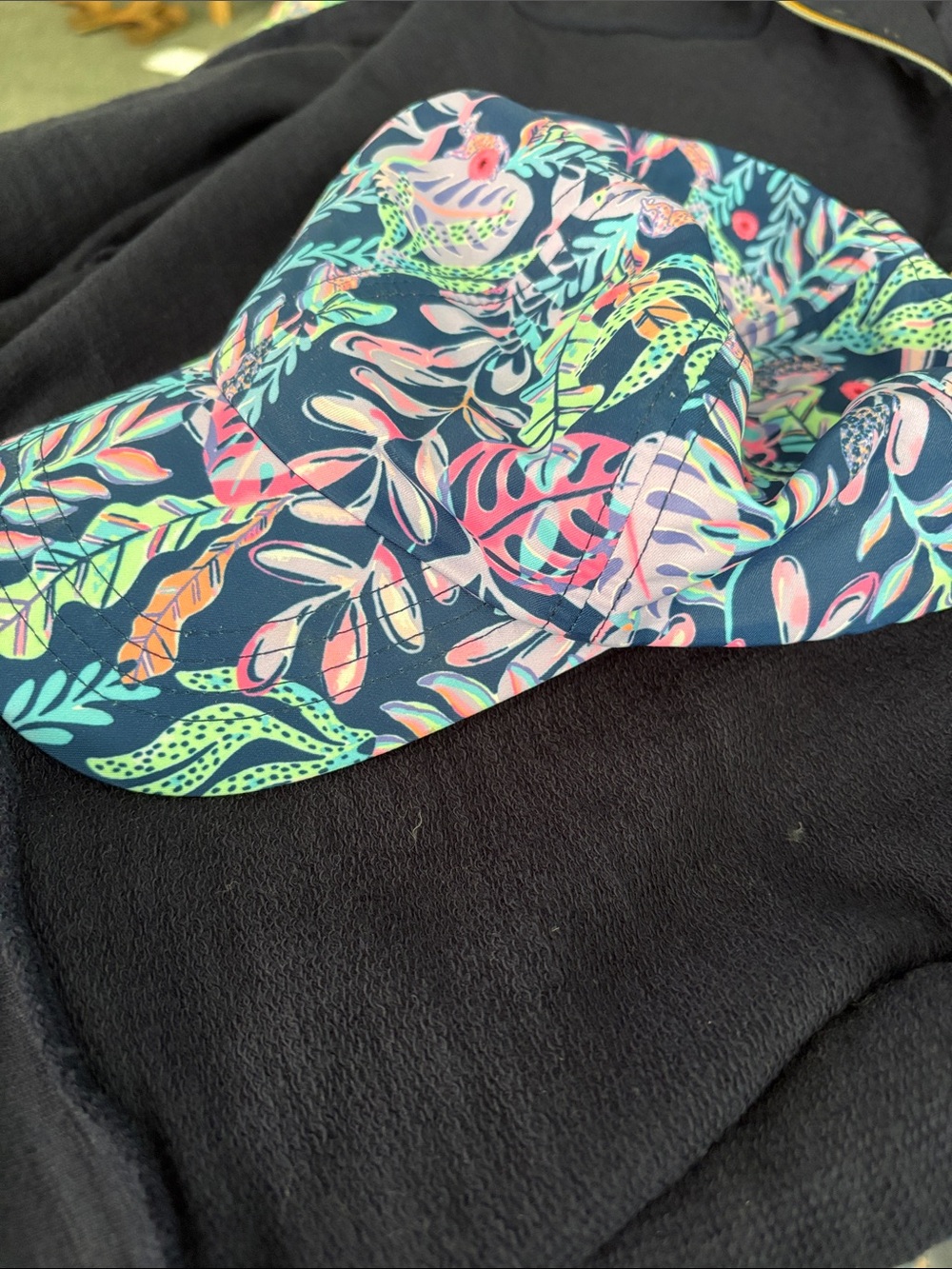 Lilly Pulitzer Navy Floral Leaf Print Baseball Cap with Neon Accents